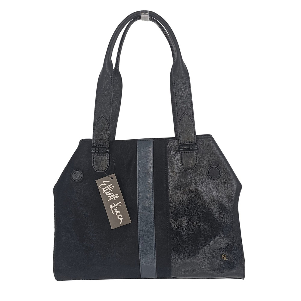 Elliott Lucca Black Pebbled Leather & Calf Hair Tote Bag NWT Stripe Detail Purse